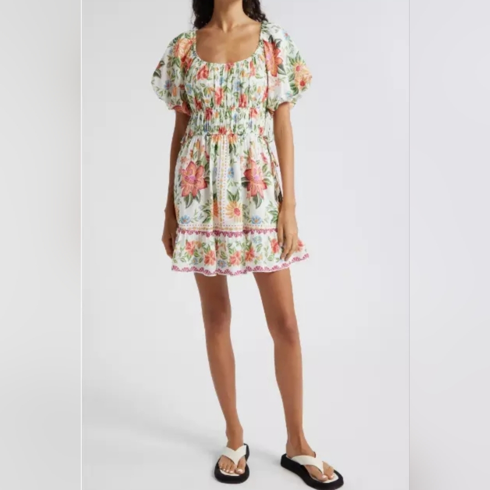 Farm Rio mini dress XS white floral cotton Garden Bloom logo puff sleeve new$265